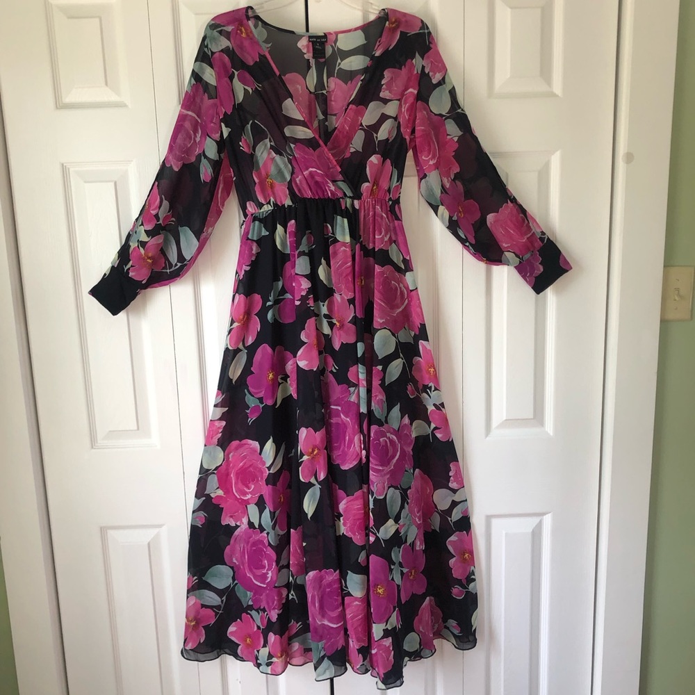 EUC Kate and Lily navy/pink floral print cross front maxi dress Sz 6